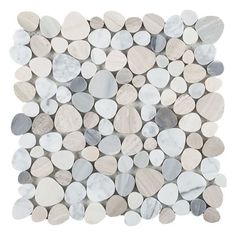 a white and grey mosaic tile with circles on the bottom, surrounded by smaller stones