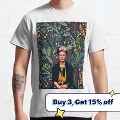 a man wearing a t - shirt with an image of frida on it