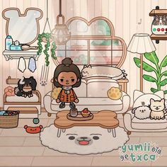 an animated image of a woman standing in a living room with cats and other animals