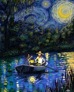 two people in a boat on a river under a night sky