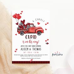 a red truck with hearts on it is in front of a white background and the words cupid