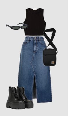 long denim skirt outfit inspiration | midi skirt outfit idea | black boots black crop top summer fashion outfit styling Long Denim Skirt Outfit, Elegance Dress, Look Grunge, Luxury Photography, Denim Skirt Outfits, Long Denim Skirt, Neue Outfits, Classy Fashion