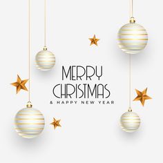 merry christmas and happy new year card with gold stars hanging from the strings on white background