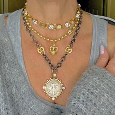 Large French Coin and Pearl Necklace Mixed Metal Jewelry Layering, French Coins, Jewelry Layering, Coin Pendant Necklace, Mixed Metal Jewelry, Lady Liberty, Ball Chain Necklace, Coin Jewelry, Custom Jewelry Design