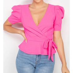 This pretty NEON pink wrap/surplice top is perfect to wear to work with your slacks or skirts this spring. You can also dress her down with your cute denim skinny distressed jeans. Faux wrap/ surplice v-neckline Short Puff sleeve Self-tie at waist, with peplum styling Pull-on, No Closures Stretch Knit Fabric 95% Polyester, 5% Spandex Pink Wrap Top, Flare Maxi Skirt, Pink Wrap, Surplice Top, Short Puff Sleeve, How To Look Rich, Peplum Styling, Wear To Work, Wrap Blouse