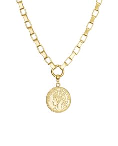 in stock Vintage Yellow Gold Coin Necklace With Adjustable Chain, Gold Round Medallion Necklace, Yellow Gold Coin Shaped Jewelry With Adjustable Chain, Yellow Gold Coin-shaped Jewelry With Adjustable Chain, Elegant Coin-shaped Gold Chain Jewelry, Elegant Coin Shaped Gold Chain Jewelry, Elegant Gold Coin Chain Jewelry, Coin Pendant Link Necklace As Gift, Coin Pendant Necklace As Gift