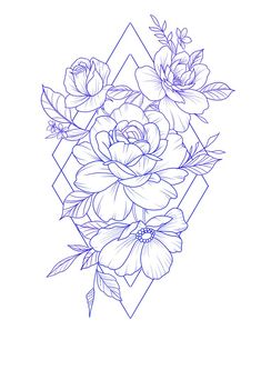 a line drawing of flowers on a white background with blue lines in the middle and bottom corner