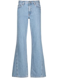 cotton denim belt loops concealed fly and button fastening two rounded pockets to the sides two rear patch pockets flared Denim Flare Jeans With Belt Loops, Blue Wide Leg Flares With Five Pockets, Medium Wash Flare Jeans With Belt Loops, Flared Cropped Jeans With Pockets, Denim Belt, Versace Outfit, Yoko London, City Dress, Jeans Material