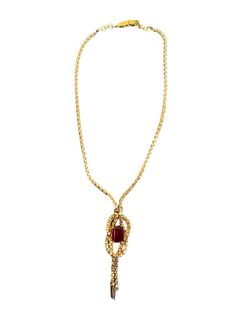 *Id:J125 *Brand/Designer: UnoAErre *Style: Italian *Materials: 18K Gold *Necklace Length:15.5" *Necklace Closure Type: Box Tab Insert *Hallmarks: 750 1 AR *Total Weight (grams): 17.10  *Primary Stone(s) Type: Ruby *Primary Stone(s) Details: Lab Grown *Primary Stone(s) Shape: Cut Corner, Rectangle *Primary Stone(s) Dimensions: 12.00 mm x 9.00 mm *Condition: Great , Please look at all pictures. Photos are considered part of the description and condition.  *Description: This item has been evaluated and verified by a GIA Graduate Gemologist. *All diamond and gemstone grading is done under GIA standards as the mounting permits, where gemstones are present; where mountings impede accurate measurements, (estimated) dimensions are provided. All weights and measurements are estimated and approximat Yellow Gold Formal Chain Necklace, Yellow Gold Formal Costume Jewelry Chain Necklace, Formal Yellow Gold Costume Jewelry Chain Necklace, Luxury 14k Gold Red Necklace, Yellow Gold Ruby Necklaces With Gemstone Accents, Antique Gold Multi-stone Necklace, Luxury 14k Gold Multi-stone Necklace, Luxury Yellow Gold Garnet Necklace, Necklace Closure