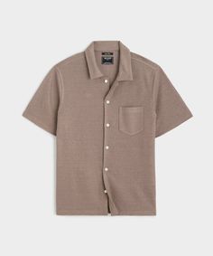 Linen Mesh Full-Placket Polo in Vintage Brown Collared Camp Shirt For Casual Gatherings, Casual Linen Polo Shirt For Summer, Beige Casual Polo Shirt With Johnny Collar, Beige Collared Polo Shirt For Summer, Brown Collared Top For Casual Gatherings, Brown Collared Camp Shirt With Relaxed Fit, Casual Beige Polo Shirt With Button Closure, Brown Shirt Outfit Men, Brown Polo Shirt