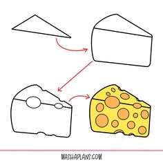 a piece of cheese next to a slice of bread with an arrow pointing towards it