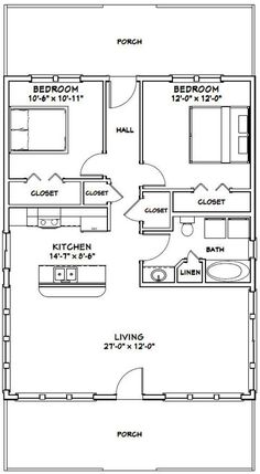 the floor plan for a two bedroom, one bathroom apartment with an attached kitchen and living room