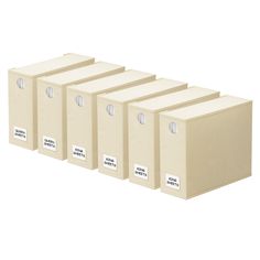 four boxes with labels on them are lined up in a row, all labeled to be used for storage