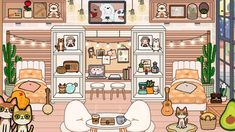 a living room filled with furniture and lots of cats