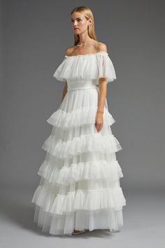 Style: A-Line DressDesign: PlainFabric: TulleLength: MaxiNeckline: SquareSleeve Length: Cap Sleeve Romantic Bride, Mesh Dress, Meringue, Quick Delivery, Cap Sleeve, Dress Collection, Bridal Gowns, Off Shoulder Dress, Cape