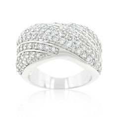 a white gold ring with three rows of diamonds on the sides and an open band