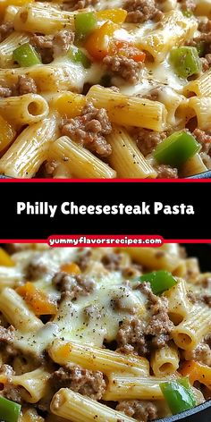 this is a pasta dish with cheese and ground beef in the skillet, ready to be eaten