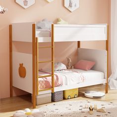 a child's bedroom with pink walls and wooden bunk beds, white furniture and rugs