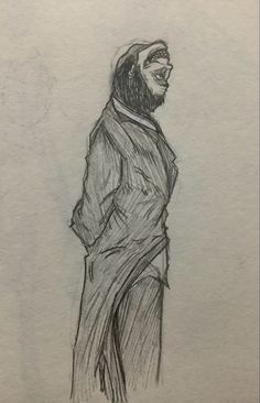 a drawing of a man in a suit and tie with his hands on his hips