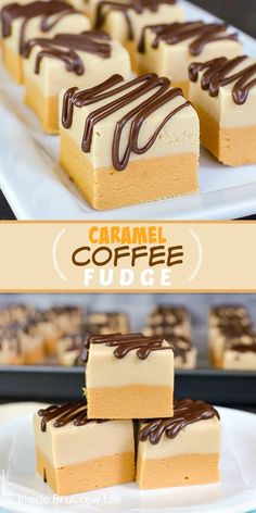 caramel coffee fudge cheesecake bars on a white plate