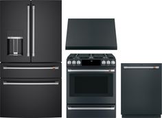 a black stove, refrigerator and dishwasher are shown in this set - up