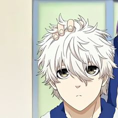 an anime character with white hair and blue shirt holding his hand up to his head