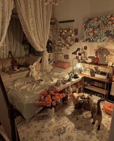 a cat is standing in the middle of a room with flowers on the floor and curtains