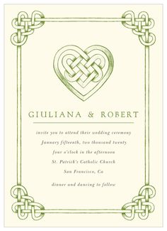 a wedding card with an intricate heart in the middle and celtic knot design on it