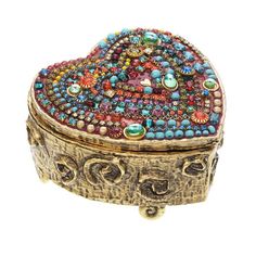 "A lovely gold plated jewelry box or gift box embedded with crystals in an antique and vintage inspired look. This box makes a great birthday, anniversary or holiday gift. The sides are decorated with an abstract swirl design while the top is inlaid with multicolor Swarovski crystals. The perfect place to put rings, stud earrings, medicine or other small items. Professionally hand crafted in my studio from copper, freshwater pearls, gemstones and crystals. Item Details: -Materials: Swarovski cry Heart Jewelry Box, Nyc Studio, Beach Theme Decor, Heart Box, Box Handmade, Swirl Design, Wire Earrings, Heart Jewelry, Gold Plated Jewelry