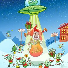 an alien christmas card with cartoon characters around it