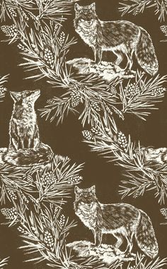 a green and white pattern with foxes on pine needles in front of an evergreen tree