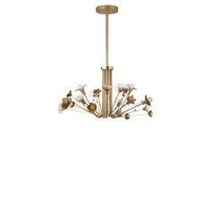 a brass chandelier with flowers hanging from it's center point, on a white background