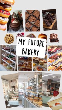 a collage of pictures with different pastries and desserts on display in them