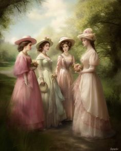 three women in dresses and hats are standing near each other on a path through the woods