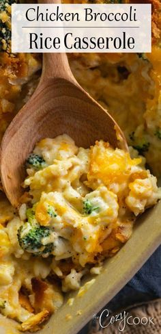 chicken broccoli rice casserole with a wooden spoon