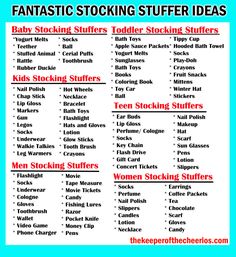 a list of stocking stuff for babies and toddlers with the words, baby stocking stuff