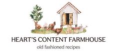 the logo for heart's content farmhouse, an old fashioned chicken coop with chickens in it