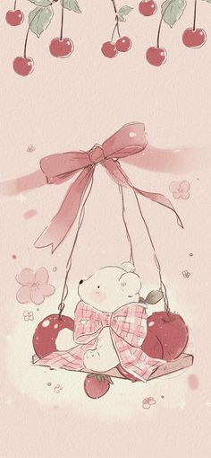 a drawing of a teddy bear sitting on some cherries with a bow hanging from it's neck