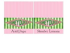 two pink and green striped cards with the words honeydukes on them