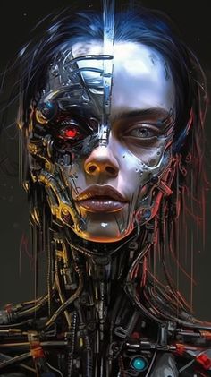 a woman's face is made up of metal parts and features red eyes, black hair, and blue eyes