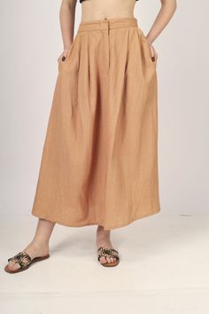 "Beige Pleated Maxi skirt for women skirt, Long skirt, Custom made, Made to order, Plus size -Model height: 5'7\" wearing size S -Length: 38\" -Fit: A-line -Closure: Front button and zipper" Casual Full Length Brown Skirt, Spring Full Length Brown Skirt, Brown Full Length Skirt For Spring, Brown Full-length Skirt For Spring, Brown Skirt With Pockets For Summer, Brown Cotton Full Skirt, Brown Summer Skirt With Pockets, High Waist Pleated Maxi Skirt, Full Length Lined Pleated Skirt