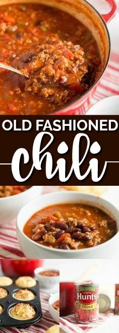 an old fashioned chili recipe in a red and white dish with the title overlay