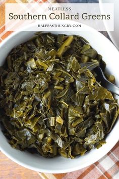 a white bowl filled with collard greens on top of a checkered table cloth