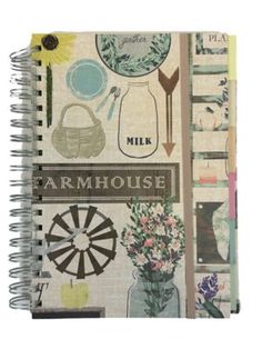 a spiral notebook with an assortment of farm related items