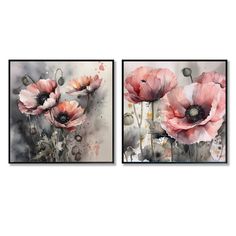 two paintings of pink flowers in watercolor on white paper with black and grey background