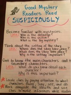 a piece of paper with writing on it that says good mystery readers read suspiciously