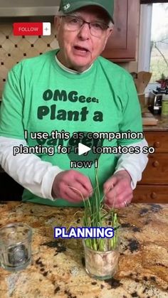 an old man in a green t - shirt is holding a plant with the caption, i use this as companion planting for tomatoes so now