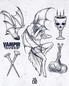 an ink drawing of various items from the vampire