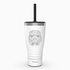 a white tumbler cup with the words fighter on it and a black straw sticking out of