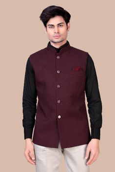 Elevate your style with this solid maroon Nehru jacket made with high-quality imported jacquard fabric. It features a mandarin collar with a button-down front and includes a pocket square to enhance the overall look. This jacket is perfect for formal occasions. Luxury Red Nehru Jacket For Formal Occasions, Nehru Jacket For Men, Men's Wedding Outfit, Traditional Jacket, Men's Formal Style, Nehru Jacket, Nehru Jackets, Groom Attire, Designs For Dresses